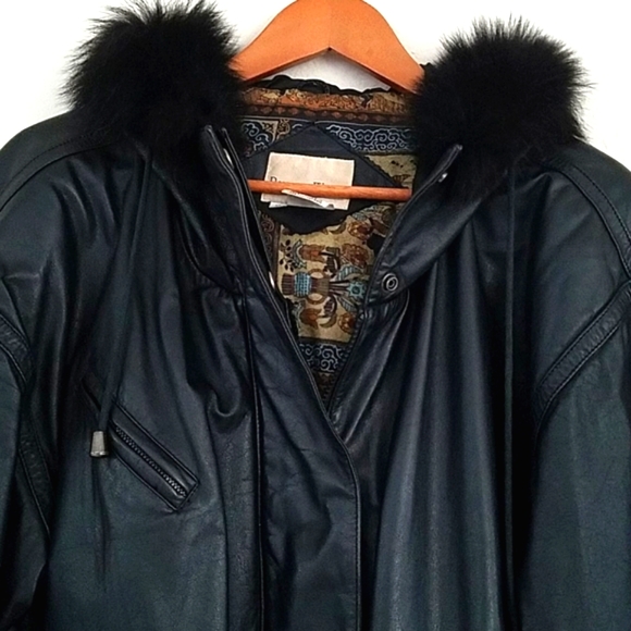 Hooded leather 90's bomber jacket fur trim 10 - Picture 2 of 5